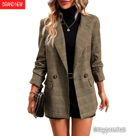 Women's Plaid Houndstooth Blazer Fully Lined Button Lapel Office Jacket